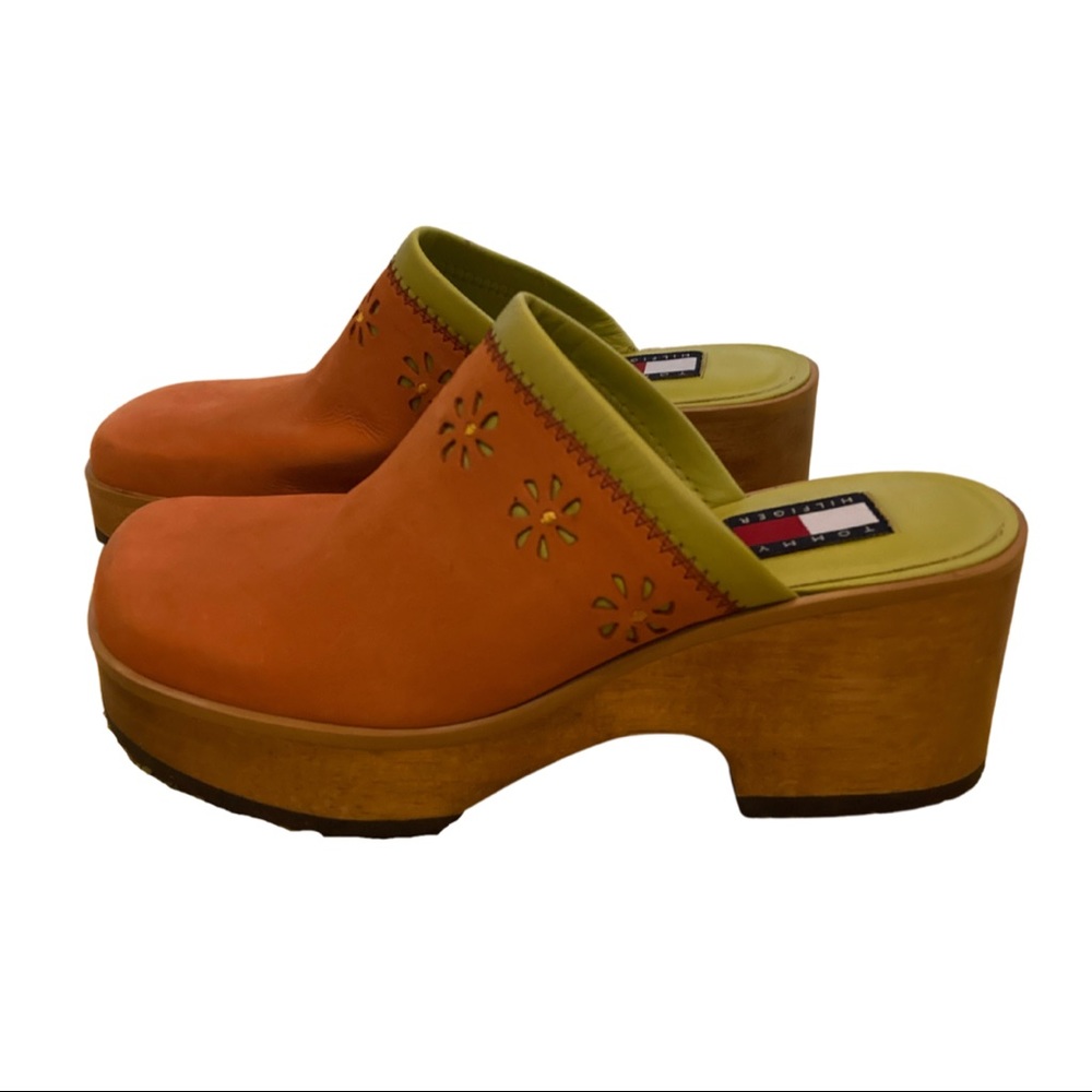 Vintage Orange & Green Suede Tommy Hilfiger Clogs/Mules with Floral Detailing